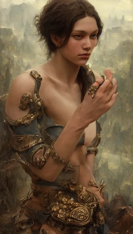 Prompt: epic masterpiece mila jovovic, sweaty skin, hyperrealistic, octane render, cinematic, beautiful face and flawless skin, perfect hands, 5 fingers, by Edgar Maxence and Ross Tran and Michael Whelan, Legends of Runeterra