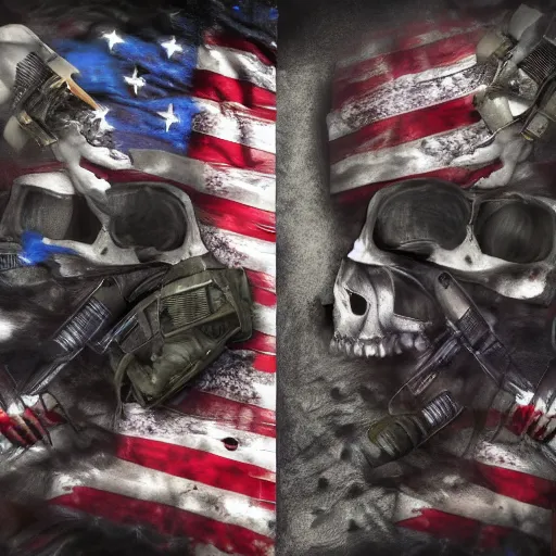 Image similar to police raid military bullets skulls weapons american flag smoke scariest horror nightmare by pushead, junji ito and horiyoshi iii, digital art, deepdream cosmic, 3 d high definition, trending on artstation, photorealistic, 8 k, octane, trending on deviantart elegant trend, highly detailed unreal engine