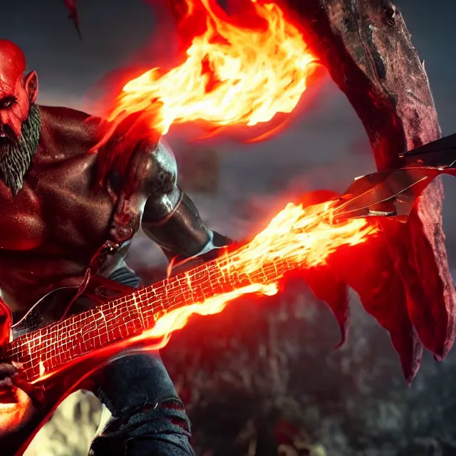 Image similar to glowing demon eyes kratos shredding on a flaming stratocaster guitar, cinematic render, god of war 2 0 1 8, santa monica studio official media, flaming eyes, lightning