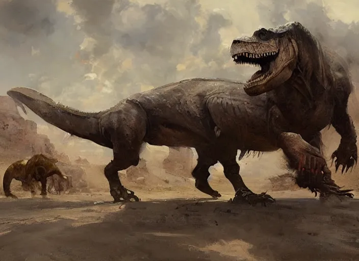 Image similar to oil painting of old rugged tyrannosaurus rex in dusty wild west street, art by anders zorn, wonderful masterpiece by greg rutkowski, beautiful cinematic light, american romanticism by greg manchess, jessica rossier