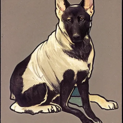 Prompt: a black german shepherd mix dog with pointed ears and a tiny white tail tip by alphonse mucha