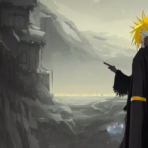 Image similar to a man with spiky white hair and yellow eyes, wearing a black cultist robe, medieval background, highly detailed, digital painting, artstation, matte, by makoto shinkai, animation style, studio ghibli, anime key visual