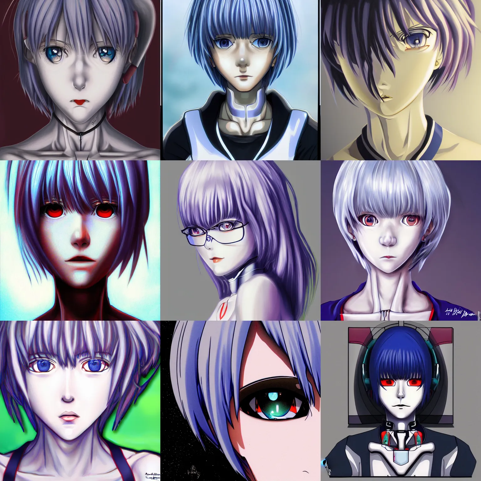 Prompt: realistic rei ayanami evangelion, high detail cabin, symmetrical face, deviantart, art station