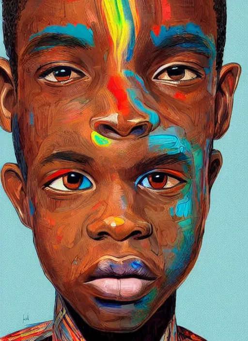 Prompt: colourful upper half portrait an african boy - art by james jean, highly detailed, digital painting, illustration, illustration, smooth, sharp focus, intricate, symmetry, pinterest, behance, art station