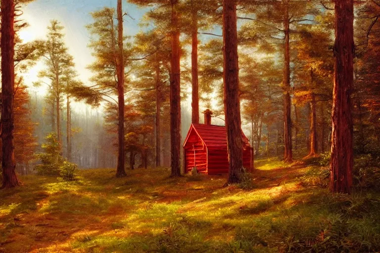 Prompt: small red wooden cabin in the distance in pine forest, very detailed, focused, oil painting, colorful, cinematic lighting, canvas, artstation, Albert Bierstadt, Sydney Mortimer Laurence