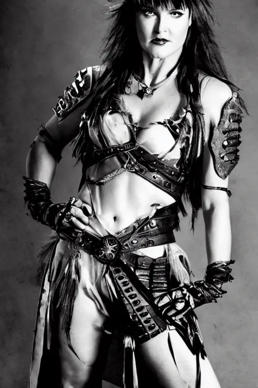 Image similar to a fashion photo portrait of a young Lucy Lawless as Xena Warrior Princess, in costume, fetish, smokey eye, medium shot. In the style of Helmut newton, robert maplethorpe, Stefano Brunesci, Lachlan Bailey, Herb Ritts, Ellen Von Unwerth, Haris Nukem, Sardax, Annie Leibovitz. detailed photo, hd, 4k, trending on artstation, 35mm, f1.8