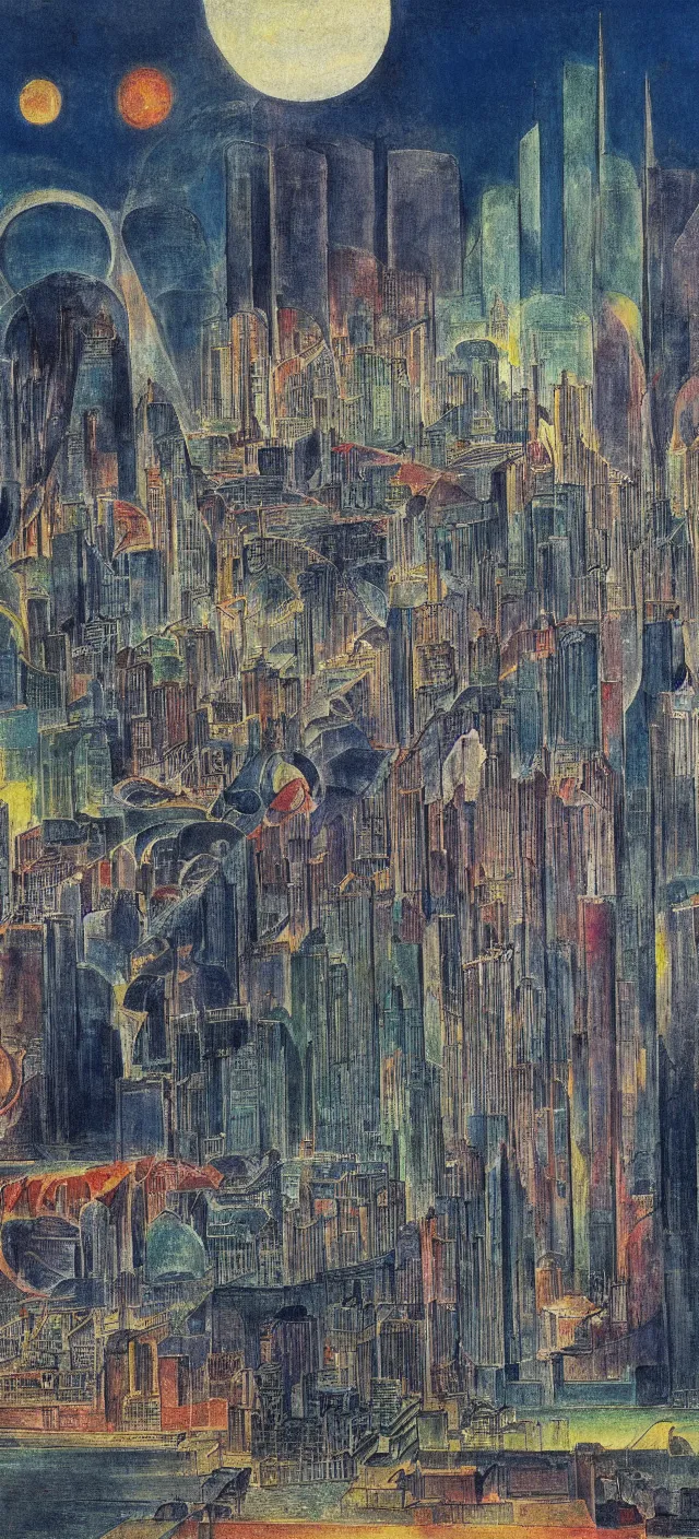 Prompt: a cityscape by william blake, colorful, futuristic