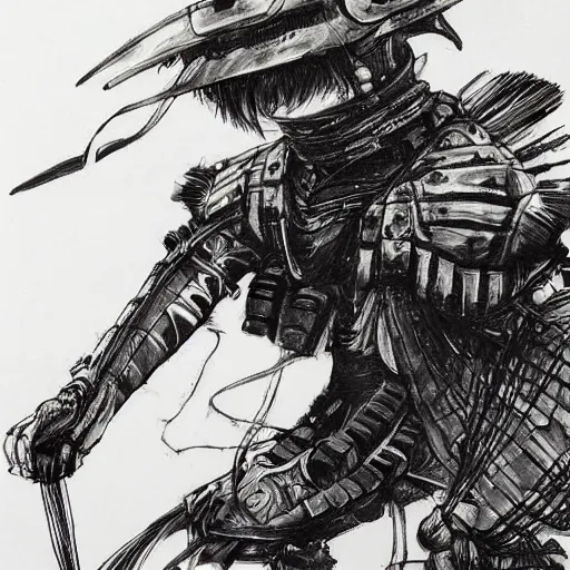 Prompt: a samurai, realistic drawing ink, tsutomu nihei