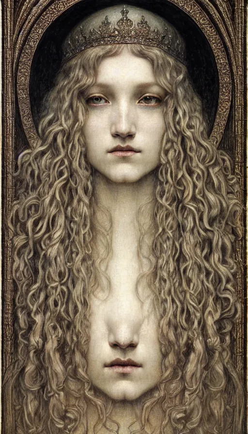 Image similar to detailed realistic beautiful young medieval queen face portrait by jean delville, gustave dore and marco mazzoni, art nouveau, symbolist, visionary, gothic, pre - raphaelite. horizontal symmetry