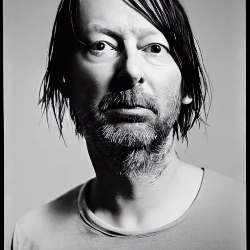 Image similar to Radiohead, Yorke, with a beard and a black shirt, a computer rendering by Martin Schoeller, cgsociety, de stijl, uhd image, tintype photograph, studio portrait, 1990s, calotype