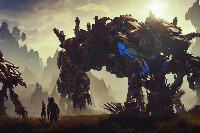 Image similar to sawtooth machine mecha animal beast robot of horizon forbidden west horizon zero dawn bioluminiscence global illumination ray tracing hdr fanart arstation by sung choi and eric pfeiffer and gabriel garza and casper konefal