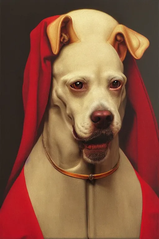 Prompt: a painting of a dog head man wearing a red cape, a flemish baroque by dino valls, trending on zbrush central, classical realism, flemish baroque, hyper realism, chiaroscuro