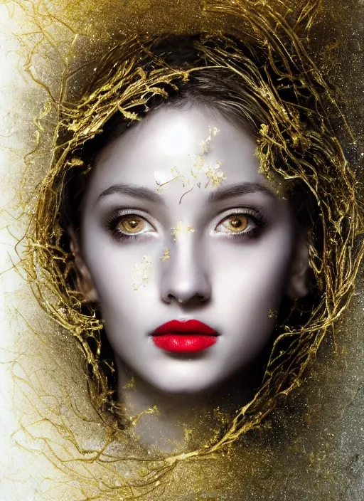 Image similar to glowing silver and golden elements, full close-up portrait, young female portrait model from shutterstock as a dark witch, book cover, green forest, white moon, red lips, establishing shot, extremly high detail, photo-realistic, cinematic lighting, pen and ink, intricate line drawings, by Yoshitaka Amano, Ruan Jia, Kentaro Miura, Artgerm, post processed, concept art, artstation, matte painting, style by eddie, raphael lacoste, alex ross