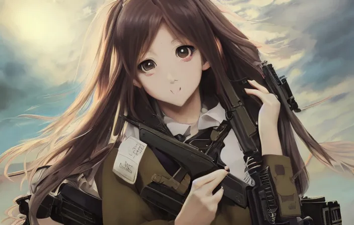 Prompt: under heavy fire, realistic face, infantry girl, anime style, symmetrical facial features long hair, hair down, explosions, wallpaper, from girls frontline, hyper realistic, pale skin, rule of thirds, extreme detail, 4 k, detailed drawing, trending artstation, realistic lighting, trading card, by alphonse mucha, greg rutkowski, sharp focus, backlit