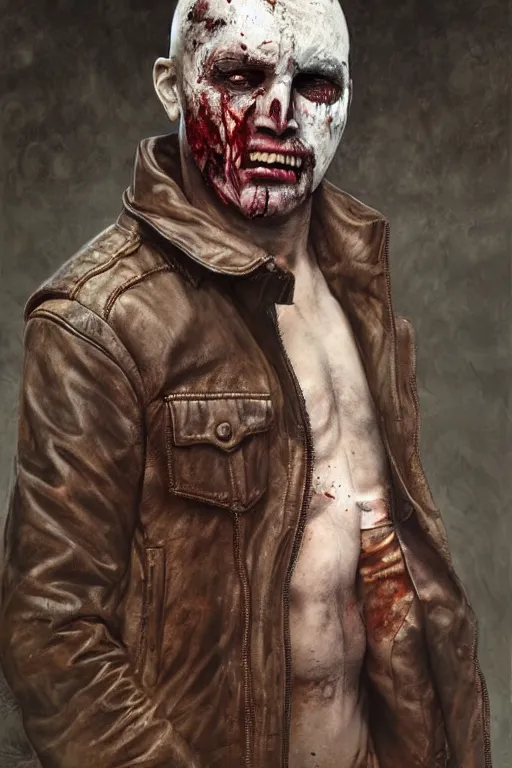 Image similar to a man with a black eye and bloody face wearing a brown leather jacket with a white fur collar. art by tomasz alen kopera and glenn fabry.