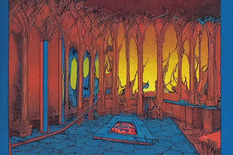 Prompt: burning POINT PERSPECTIVE DUNGEON hammer-headed bat ROOM, painted by Edward Gorey and Moebius and Greg Rutkowski and Paul Wenzel and George Barr and Stephen Youll,trending on artstation, iridescent cool blue and cyan and red and blue and yellow and green lighting front view futuresynth , outrun , vibrant colors, Sabattier filter , Watercolor