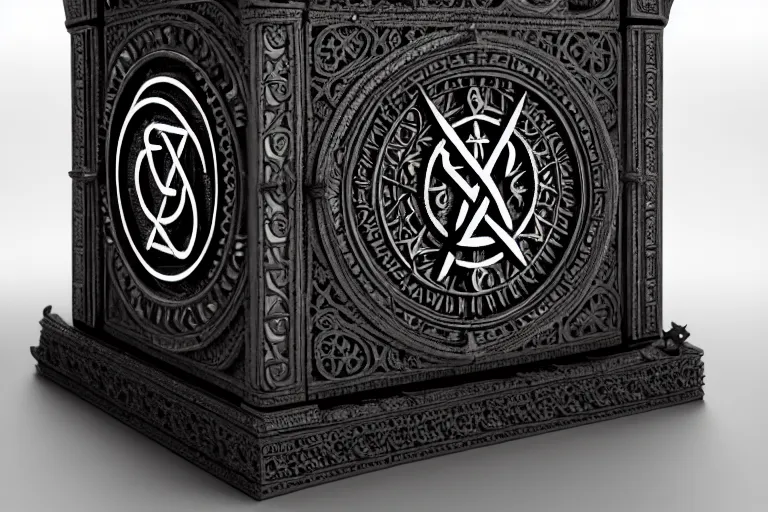 Image similar to an ancient ornate intricate old spell satanic coffin with the sigil symbol of evil emblazoned on the cover, cinematic, realistic, intricate detail, finely detailed, small details, extra detail, photorealistic, high resolution, 3 d, pbr, path tracing, volumetric lighting, octane render, arnold render, 8 k