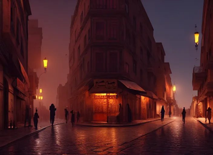 Image similar to cairo old streets + night life of 1 9 4 0, muizz street + street beggars + highly detailed, 8 k matte, cinematic lighting, artstation, matte painting, volumetric lighting