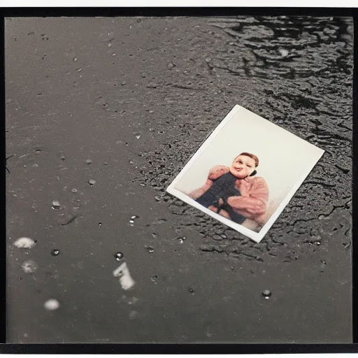 Prompt: a polaroid picture lying in a puddle, raining