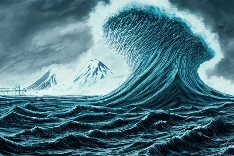 Image similar to a giant tsunami wave approaching a city, digital painting, mixed media, trending on artstation and deviantart, epic composition, highly detailed, 8 k