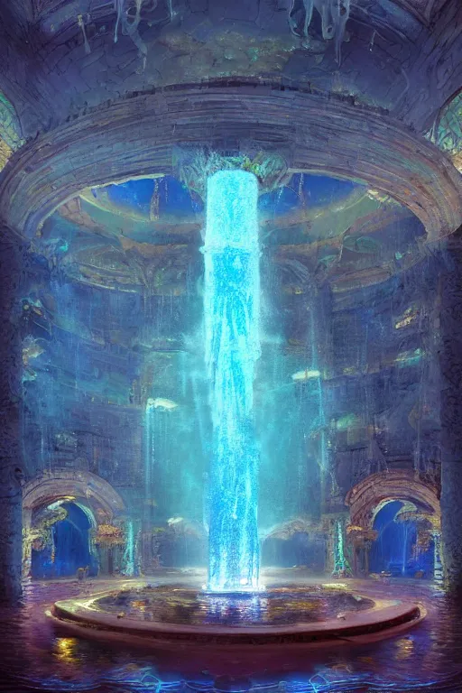 Image similar to inside of an atlantis palace, bioluminescent light, fountain, crystals, intricate, elegant, volumetric lighting, digital painting, highly detailed, artstation, sharp focus, illustration, concept art, ruan jia, steve mccurry