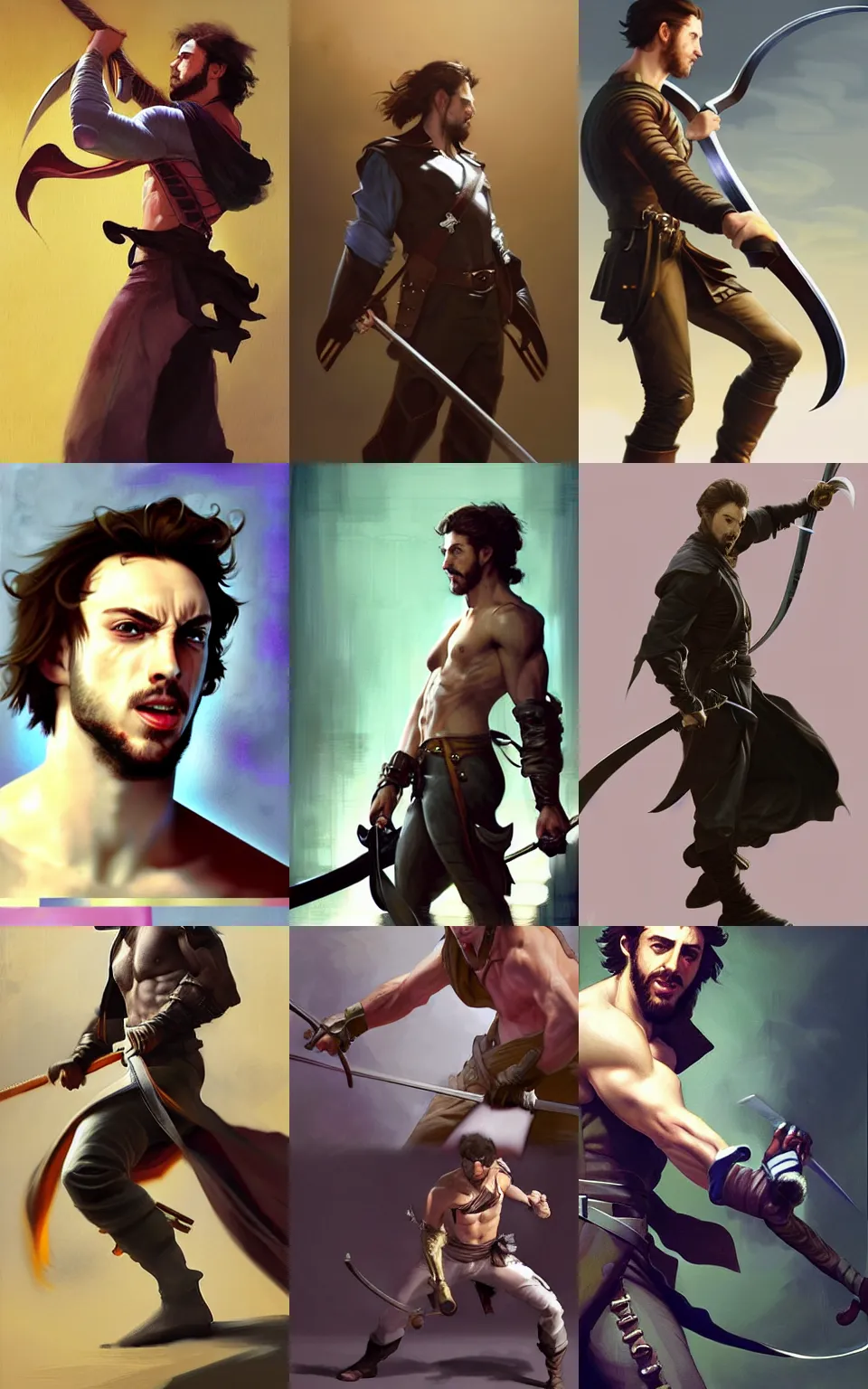 Prompt: character concept portrait of happy Aaron Taylor Johnson as a swashbuckler attacking with a rapier, fit, abs, robes, elegant, dynamic perspective, digital painting, concept art, smooth, sharp focus, illustration, from Metal Gear, by Ruan Jia and Mandy Jurgens and William-Adolphe Bouguereau, Artgerm