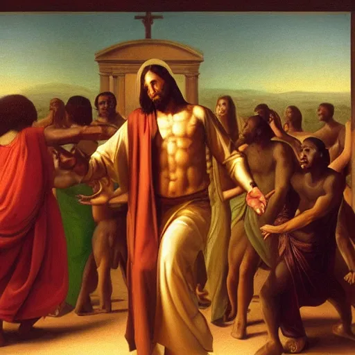 Prompt: jesus christ dancing to afrobeat music dj playing nigerian club party photorealistic ultra-realistic in the style of edward hooper and leonardo da vinci artstation hd oil painting Renaissance painting