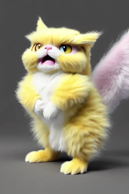 Image similar to high quality 3 d render hyperrealist very cute multipastel fluffy! grumpy griffin cat hybrid with fluffy wings!, vray smooth, in the style of detective pikachu, hannah yata charlie immer, dramatic yellow light, low angle, uhd 8 k, sharp focus