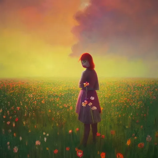 Prompt: girl with a flower face, surreal photography, dream, standing in flower field, magical, in a valley, sunrise dramatic light, impressionist painting, colorful clouds, artstation, simon stalenhag, flower as face