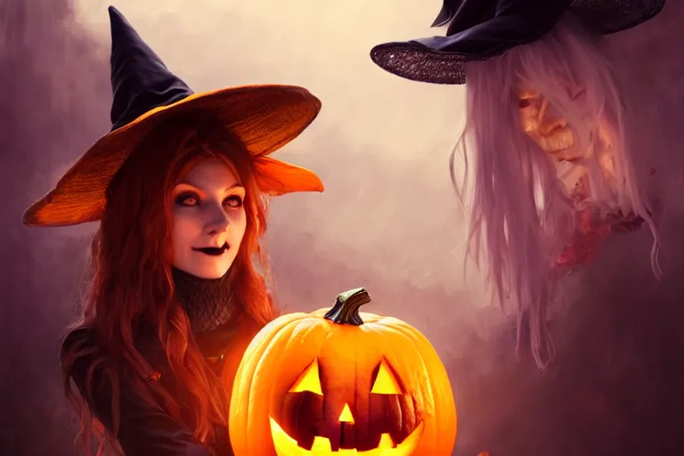 Image similar to portrait of a scarecrow with a jack - o - lantern head and a witch hat, halloween night, charlie bowater, artgerm, ilya kuvshinov, krenz cushart, ruan jia, realism, ultra detailed, 8 k resolution