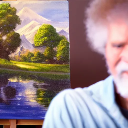 Image similar to a closeup photorealistic photograph of bob ross working on a canvas painting of mickey mouse. film still. brightly lit scene. mountains and trees. this 4 k hd image is trending on artstation, featured on behance, well - rendered, extra crisp, features intricate detail, epic composition and the style of unreal engine.