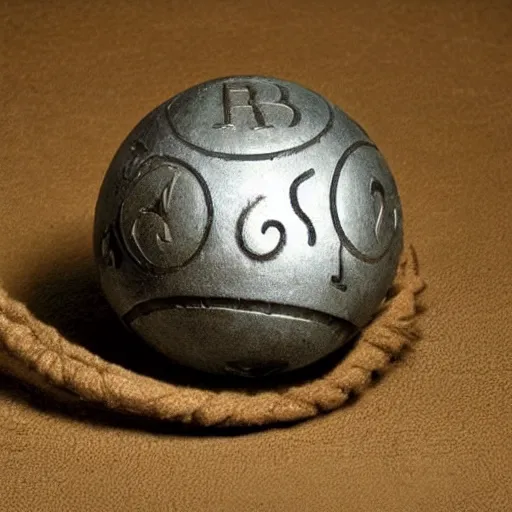 Prompt: an iron ball with weird symbols engraved on it, the ball is on a pedestal. the light enter the room by a hole in the ceiling. closeup. anne rice.