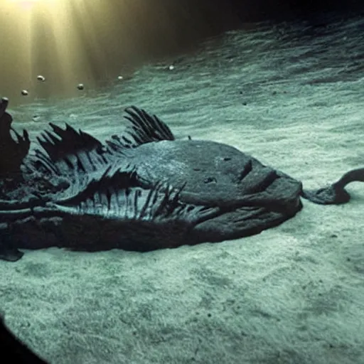 Image similar to horror movie still about a giant underwater sea creature, dark, scary