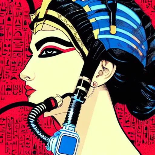 Prompt: a profile photo of a egyptian woman with a diving oxygen mask with side profile blood in ocean intricate details by MARVEL comics and Sandra Chevrier-C