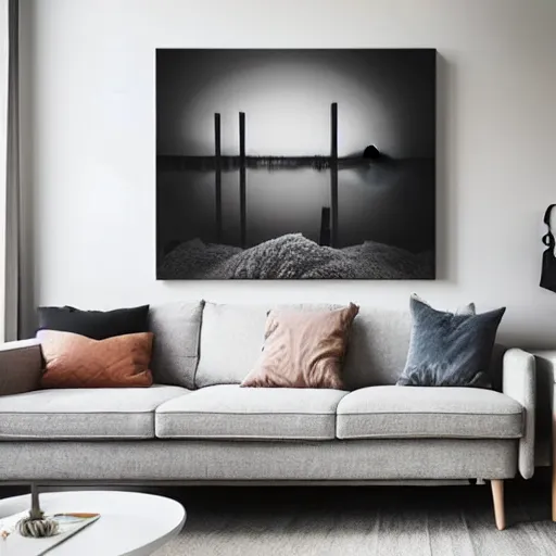 Image similar to modern living room, blank 2 4 inch x 2 4 inch canvas over couch, professional photo