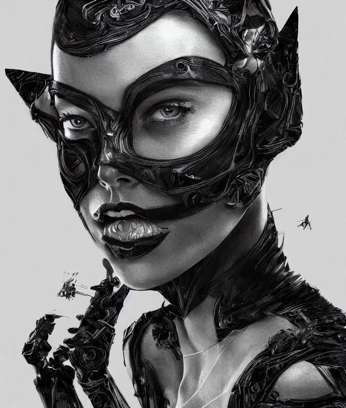 Image similar to portrait of charlize theron as a catwoman. intricate abstract. intricate artwork. by tooth wu, wlop, beeple, dan mumford. octane render, trending on artstation, greg rutkowski very coherent symmetrical artwork. cinematic, hyper realism, high detail, octane render, 8 k, iridescent accents.