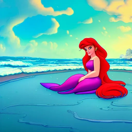 Prompt: the little mermaid sitting on a beach, vivid color, cartoon style, digital art, highly detailed, 8 k, cinematic lighting