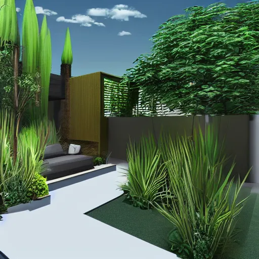 Prompt: architecture sketch of a small, modern, intimate, well-designed garden