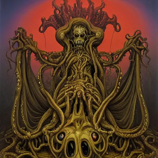 Image similar to monstrous and twisted altar with a statue to a many eyeballs, pustule, boil, veiny and four armed cthulhu statue, flayed skulls, slimy tentacles twisting in lotus position. in the style of hr giger and zdzisław beksinski and frank frazetta. golden hour. biomechanical oil painting horror gothic hyperrealistic detail