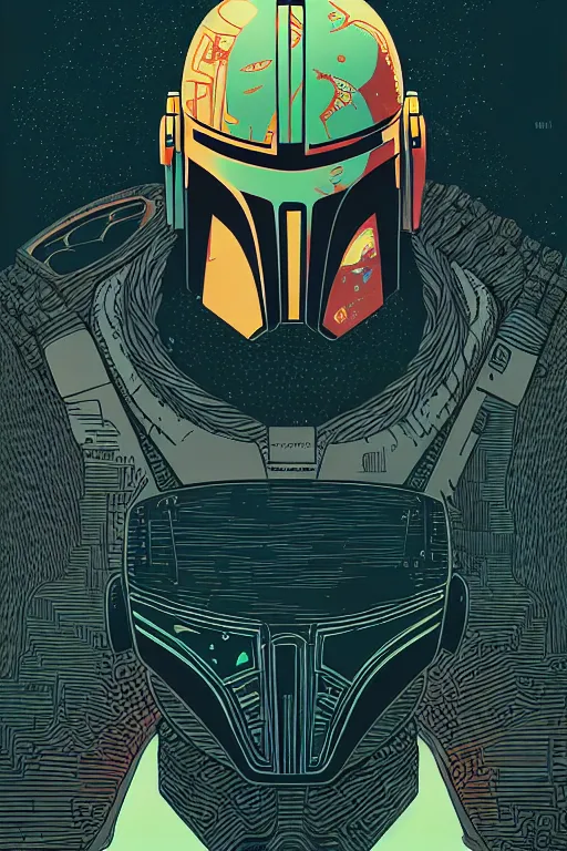 Image similar to closeup potrait of the mandalorian, intricate, volumetric lighting, moebius, geof darrow, frank miller, dan mumford, detailed illustration, digital art, victo ngai, kilian eng, vector art