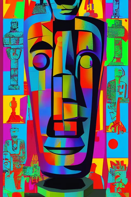 Image similar to cubist moai statue cutout digital illustration cartoon colorful beeple