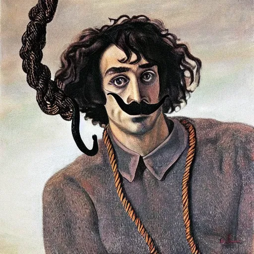 Image similar to Adam Ondra, portrait, long mustache, mustache is climbing rope, by Dali, style of salvador dali self-portrait