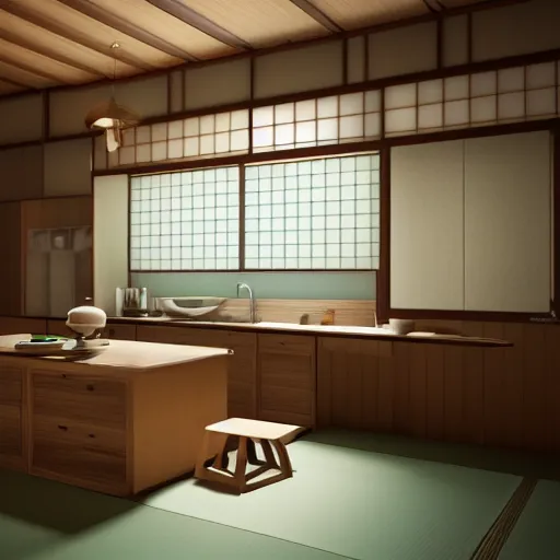 Image similar to still photo of a japanese kitchen, highly detailed, photorealistic portrait, bright studio setting, studio lighting, crisp quality and light reflections, unreal engine 5 quality render