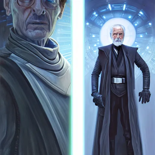 Prompt: star wars comic book style portrait painting of an old thin wispy man with a mean intelligent face, and futuristic victorian clothing, standing in front of a computer simulation, sci - fi, intricate, elegant, highly detailed, digital painting, artstation, concept art, matte, sharp focus, illustration, art by artgerm and greg rutkowski and jim burns