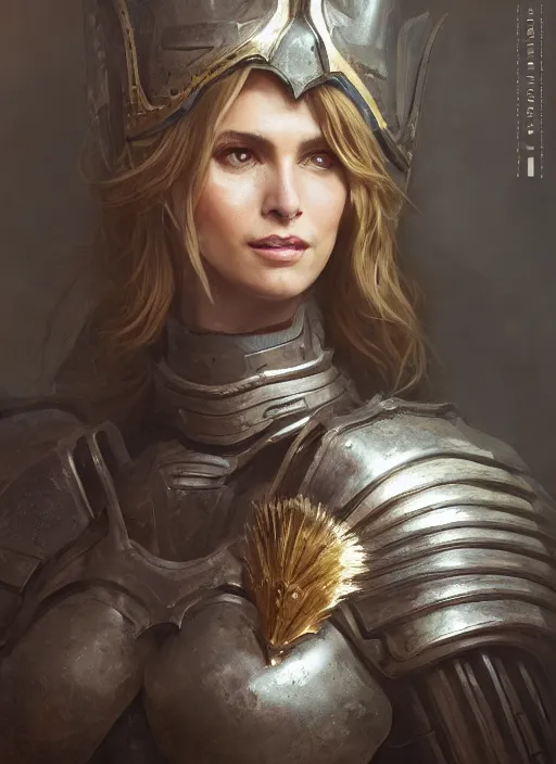 Image similar to portrait of rachel welch as a legendary knight warrior, hyper detailed, digital art, trending in artstation, cinematic lighting, studio quality, smooth render, unreal engine 5 rendered, octane rendered, art style by klimt and nixeu and ian sprigger and wlop and krenz cushart.