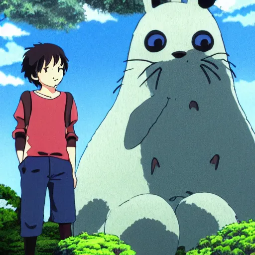 Image similar to friendly guy with Fragile looking portrait face with a small creature on his arm made by Studio Ghibli highly detailed art, beautiful scene, sharp focus, smooth, 8k, anime art