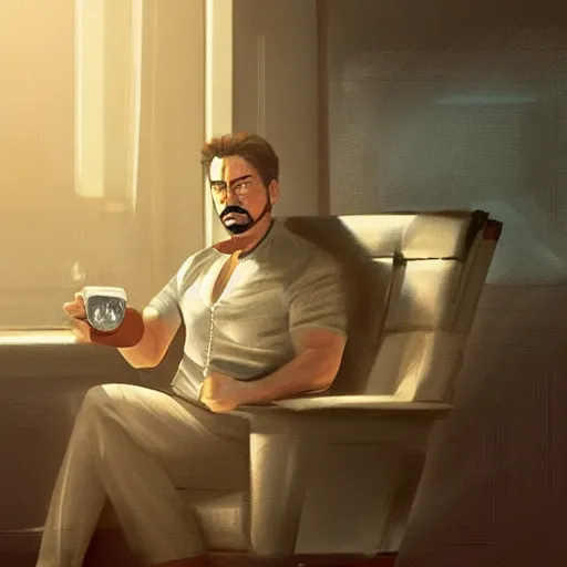 Image similar to concept art of tony stark sitting in an armchair in a room with the setting sun, cinematic shot, painting by jama jurabaev, extremely detailed, brush hard, artstation, high quality, brush stroke