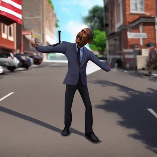 Image similar to angry barack obama shooting and terrorizing people in the hood, 8k resolution, full HD, cinematic lighting, award winning, anatomically correct