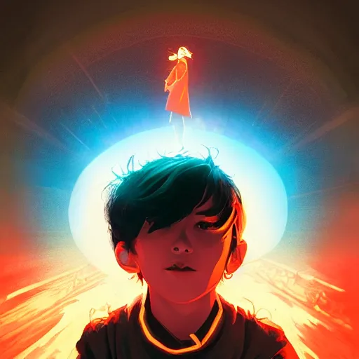 Image similar to a stylized portrait of a young boy as a wizard, stylized, arcane magic, orange vapor, neon color, vivid color, lens flare, volumetric light from above, background by liam wong, art by raymond swanland + marc simonetti + greg rutkowski + harumi hironaka