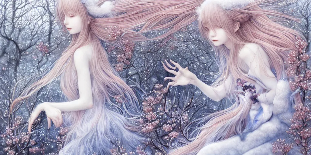 Image similar to breathtaking delicate detailed concept art winter creatures blend, by miho hirano, bizarre compositions, exquisite detail, pastel colors, 8 k